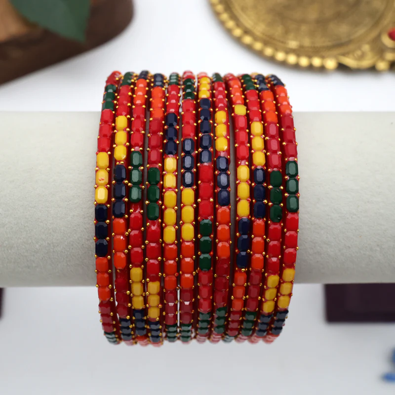 Premium Cube Cut Glass Bangles (One Dozen) – Multicolour